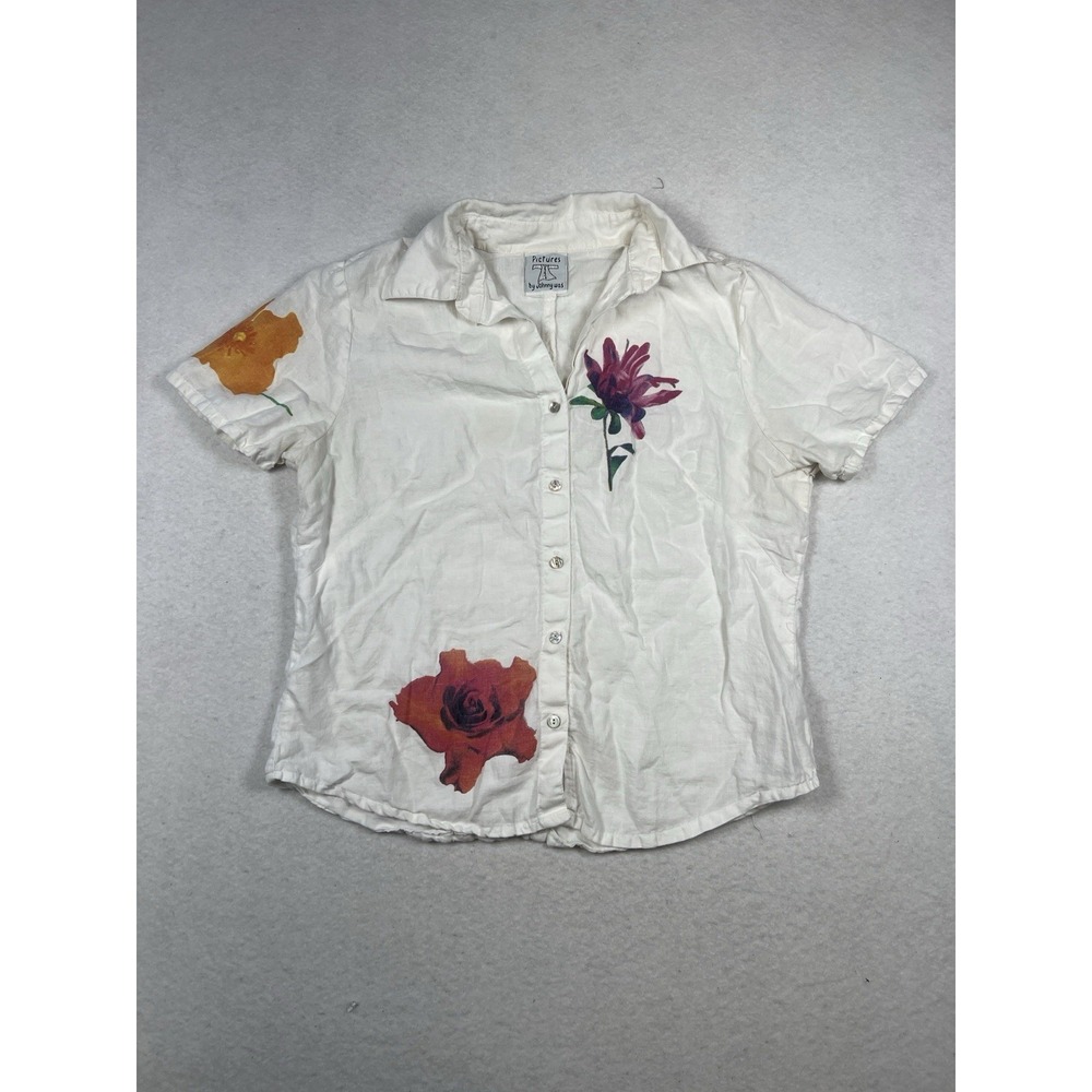 Vintage Pictures Johnny Was Printed White Linen Button Down Shirt Floral